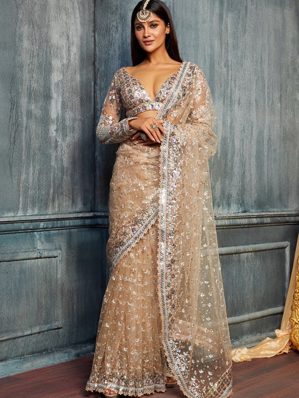 Lashkaraa Embellished Nude Beige Saree Dress with Sheer Sequined Drape
